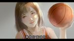  absurdres akagi_haruko basketball brown_eyes brown_hair chinese highres jersey letterboxed light slam_dunk smile solo translated upper_body wei_feng 