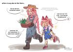  1boy 1girl :d absurdres animal_ears ankle_socks artist_name basket black_gloves blue_overalls blush_stickers boots braid braided_ponytail brown_boots brown_hat closed_eyes commentary crown dirty dirty_arm dirty_clothes dirty_face dirty_leg elbow_gloves english_commentary english_text exocorpse facing_ahead farmer gloves haru_urara_(umamusume) hat headband heart_pendant highres holding holding_basket horse_ears horse_girl layered_headwear leg_up long_hair long_sleeves looking_ahead medium_hair minecraft_youtube on_ground open_mouth overall_shorts overalls pig_boy pig_tail pink_hair pink_headband pink_shirt ponytail potato red_boots red_eyes ryegrass ryegrass_for_haru_urara scar scar_on_face scar_on_mouth scar_on_nose shirt short_sleeves signature simple_background sketch smile socks speech_bubble straw_hat tail talking technoblade umamusume walking watermark white_background white_shirt white_socks winged_heart winged_heart_pendant work_gloves 