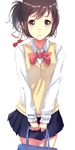  absurdres bag bow bowtie brown_eyes brown_hair cowboy_shot folded_ponytail hair_ribbon highres holding holding_bag kimi_no_na_wa long_sleeves looking_at_viewer miyamizu_mitsuha pdxen pleated_skirt red_bow red_neckwear red_ribbon ribbon school_bag school_uniform shirt short_hair simple_background skirt smile solo sweater_vest v_arms white_background white_shirt wing_collar 