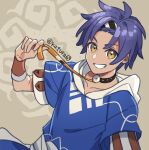  1boy blue_hair blue_hoodie cai_(fire_emblem) fire_emblem fire_emblem:_fortune's_weave highres hood hood_down hoodie katsura_ichiho looking_at_viewer male_focus smile solo two-tone_hoodie upper_body white_hoodie yellow_eyes 