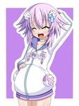 big_belly chagama_(tyagama0927) choker d-pad d-pad_hair_ornament hair_ornament highres neptune_(choujigen_game_neptune) neptune_(series) open_mouth power_symbol pregnant purple_hair solo sweatdrop 