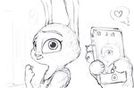  &lt;3 2016 black_and_white canine cellphone clothed clothing disney duo female food fox judy_hopps lagomorph looking_at_viewer male mammal monochrome nick_wilde phone popcorn rabbit smile solo_focus sprinkah zootopia 