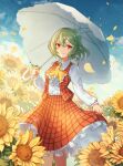  1girl ascot blue_sky buttons cloud collared_shirt commentary_request falling_petals feet_out_of_frame field flower flower_field frilled_ascot frills green_hair highres holding holding_umbrella kazami_yuuka long_sleeves marian_oekaki parasol petals petticoat plaid_clothes plaid_skirt plaid_vest red_eyes red_skirt red_vest shirt short_hair sideways_glance skirt skirt_hold sky smile solo sunflower touhou umbrella vest white_shirt yellow_ascot yellow_petals 