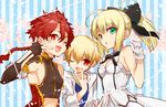  2boys ahoge alexander_(fate/grand_order) armpits artoria_pendragon_(all) bare_shoulders blonde_hair blue_background blue_shirt bow braid child child_gilgamesh dress elbow_gloves fang fate/grand_order fate/hollow_ataraxia fate/stay_night fate/unlimited_codes fate_(series) frame gilgamesh gloves green_eyes hair_bow hair_ribbon hood hooded_jacket jacket kettle21 long_hair long_sleeves midriff multiple_boys petals ponytail red_eyes red_hair ribbon saber saber_lily shirt short_hair signature sleeveless sleeveless_dress smile striped striped_background tank_top upper_body vertical-striped_background vertical_stripes white_gloves younger 