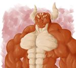  2014 abs anthro biceps big_biceps colored digital_drawing_(artwork) digital_media_(artwork) dragon front_view half-length_portrait horn looking_away manly multicolored_scales nude obliques orange_scales orange_theme pecs portrait red_background red_eyes scales scalie schwartzgeist serratus shaded simple_background snout solo tan_scales two_tone_scales western_dragon white_background white_horn 