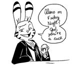  2016 alcohol anthro beverage black_and_white dialogue disney english_text jack_savage lagomorph looking_at_viewer male mammal monochrome necktie rabbit replytoanons simple_background solo suit text white_background wine zootopia 