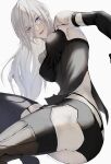  1girl a2_(nier:automata) armlet armpit_peek ass asymmetrical_sidelocks bare_shoulders black_armlet black_dress black_gloves black_panties black_thighhighs blue_eyes body_markings breasts dress elbow_gloves eyelashes eyeshadow from_below garter_straps gloves gohanndaisukias hair_between_eyes highres jewelry long_hair looking_at_viewer looking_down makeup medium_breasts midriff_peek mole mole_under_mouth nier:automata nier_(series) panties parted_lips pink_eyeshadow pink_lips short_dress side_slit sidelocks signature simple_background solo thighhighs thighs torn_clothes twitter_username underwear white_background white_hair 
