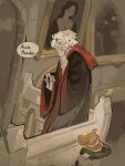  1boy black_robe casting_spell classicaloid english_text food gryffindor highres hogwarts_school_uniform holding holding_wand indoors long_sleeves ludwig_van_beethoven_(classicaloid) male_focus octahooves pancake picture_frame railing robe school_uniform shirt short_hair speech_bubble wand whispering white_hair white_shirt wide_sleeves wizarding_world 