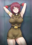  armlet armpits arms_behind_head arms_up ass_visible_through_thighs belt belt_buckle black_beat black_gloves blush breasts brown_eyes buckle choker contrapposto earrings gloves heart heart_earrings jewelry large_breasts military military_uniform red_hair short_hair sleeveless solo standing sweat the_king_of_fighters thighs uniform whip_(kof) 