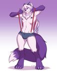  anthro bulge canine collar ear_piercing fox hair kittydee long_hair looking_at_viewer male mammal mostly_nude nipples piercing smile solo spiked_collar spikes standing suspenders 