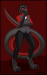  2025 absurd_res alternate_species anthro barefoot black_body black_bottomwear black_clothing black_hair black_pants bottomwear claws clothed clothed_anthro clothed_male clothing digitigrade feet gridbull hair hi_res looking_at_viewer male multicolored_body pants red_body red_clothing red_eyes red_shirt red_topwear reptile scalie shirt snake solo tail teddy_(ravenmaster) toe_claws topwear two_tone_body vest 