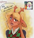 absurd_res anthro antlers blonde_hair blush clothed clothing deer deltarune female freckles hair hi_res horn mammal new_world_deer noelle_holiday raid_(brand) reindeer solo text twaykoncita undertale_(series) victor_van_dort_spraying_raid_and_screaming