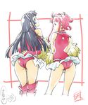  2girls ass black_eyes black_hair boots cheerleader commentary_request elbow_gloves facial_mark forehead_mark from_behind gloves gundam gundam_g_no_reconguista hair_ornament highres knee_boots long_hair looking_back manny_ambassada multiple_girls noredo_nug panties pink_eyes pink_hair pom_pom_(cheerleading) red_gloves red_panties shikishima_gangu short_hair sidelocks sketch skirt sleeveless underwear wind wind_lift 
