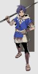  1boy absurdres blue_hair brown_eyes cai_(fire_emblem) closed_mouth fire_emblem fire_emblem:_fortune's_weave full_body hand_on_own_hip highres holding holding_polearm holding_weapon hood hoodie knife looking_at_viewer polearm sandals umi_(_oneinchswing) weapon 
