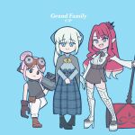  3girls baobhan_sith_(fate) black_eyes blue_eyes bow braid earrings fate/grand_order fate_(series) full_body grey_eyes habetrot_(fate) hair_between_eyes hair_bow half_up_braid hammer holding holding_hammer ichigo_berry jewelry long_hair looking_at_viewer morgan_le_fay_(a_break_in_the_rainy_season)_(fate) morgan_le_fay_(fate) mother_and_daughter multiple_girls open_mouth pink_hair pointy_ears ponytail simple_background smile standing white_hair 