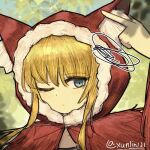  1girl animal_ear_fluff animal_ear_hood animal_hood black_souls black_souls_2 blonde_hair blue_eyes cloak commentary_request fur-trimmed_hood fur_trim hand_on_own_ear hood hood_up one_eye_closed portrait red_cloak red_hood red_hood_(black_souls) short_hair sidelocks solo squiggle twitter_username wolf_hood xun_lin_(pixiv_93392103) 