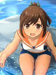  breasts brown_eyes brown_hair hair_ornament hairclip highres i-401_(kantai_collection) inanaki_shiki kantai_collection looking_at_viewer one-piece_swimsuit ponytail sailor_collar school_swimsuit short_ponytail small_breasts solo splashing swimsuit swimsuit_under_clothes tan tanline water 