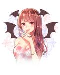  :d alternate_costume bad_id bad_pixiv_id banned_artist bare_arms bare_shoulders blush breasts cleavage commentary_request demon_girl demon_wings dress floral_print head_wings koakuma large_breasts long_hair looking_at_viewer nail_polish open_mouth pink_nails red_eyes red_hair smile solo strapless strapless_dress touhou tsukiriran upper_body wings 