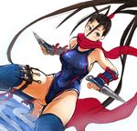  black_hair brown_eyes competition_swimsuit dutch_angle gauntlets highres ibuki_(street_fighter) kunai long_hair ninja nishiide_kengorou one-piece_swimsuit ponytail scarf solo squatting street_fighter street_fighter_iii_(series) street_fighter_iv_(series) swimsuit thighhighs weapon 
