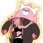  1girl bewear blonde_hair blush_stickers crop_top dark_skin heart hug minashirazu multicolored_hair pink_hair plumeria_(pokemon) pokemon pokemon_sm twintails white_eyeshadow 