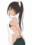  apron bare_arms blush bra breasts brown_hair closed_mouth from_side hair_between_eyes hair_ribbon high_ponytail long_hair looking_at_viewer lpip medium_breasts original ribbon sideboob simple_background solo standing tying_apron underwear white_apron white_background white_ribbon yellow_eyes 