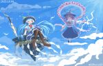  02charaice20 2girls absurdres ascot blue_hair boots bow cloud detached_sleeves dress floating_rock frills hat highres hinanawi_tenshi lightning long_hair multiple_girls nagae_iku outdoors pixel_art purple_hair red_bow ribbon rock sky smile thighhighs touhou 