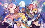  4girls :d ;d ahoge anais_del_caril artstation_sample banner basket belt black_gloves blonde_hair blue_bow blue_eyes bow braid bunny castle character_request confetti cravat finger_to_cheek fireworks flag gloves green_eyes hair_bow hat highres image_sample long_hair looking_at_viewer lucian_kaltz mila_nebraska multiple_boys multiple_girls night night_sky one_eye_closed open_mouth orange_hair outdoors pink_hair purple_eyes red_bow sang_ah_yoon scroll short_hair skull_necklace sky smile string_of_flags tales_weaver tichiel_juspian wide_sleeves 