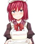  apron bangs blue_eyes blush bow cake closed_mouth eyebrows eyebrows_visible_through_hair food hisui long_sleeves maid maid_apron maid_headdress red_bow red_hair sabujiroko simple_background smile solo tsukihime upper_body white_background 
