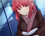  bangs blue_bow blush bow breasts closed_mouth eyebrows eyebrows_visible_through_hair hair_bow hair_ribbon half_updo japanese_clothes kimono kohaku looking_down medium_breasts night orange_eyes red_hair ribbon sabujiroko sidelocks smile solo tsukihime upper_body 