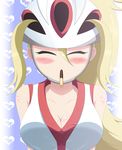  1girl artist_request blonde_hair blush breasts cleavage eyes_closed gym_leader high_ponytail koruni_(pokemon) large_breasts nintendo pokemon pokemon_(game) pokemon_xy ponytail solo tagme two_side_up 