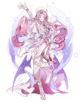  1girl angel angel_wings colored_skin cookie_run cookie_run:_kingdom dress eternal_sugar_cookie halo highres humanization instrument long_hair looking_at_viewer lyre pink_eyes pink_hair pink_skin smile solo very_long_hair white_dress wings yaojingwangchudi 