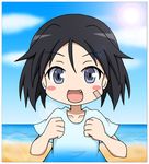  alternate_costume bandaid bandaid_on_face beach bertsr black_eyes black_hair blush_stickers border brave_witches casual clenched_hands collarbone day fang hands_up happy highres kanno_naoe lens_flare looking_at_viewer ocean open_mouth outdoors shirt short_hair solo sun sunlight t-shirt upper_body water world_witches_series younger 