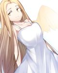  angel_notes angel_wings arms_behind_back bare_shoulders blonde_hair breasts cleavage closed_mouth collarbone cowboy_shot dress long_hair looking_to_the_side medium_breasts orange_eyes sabujiroko sidelocks smile solo sundress type-moon v/v very_long_hair white_background white_dress wings 
