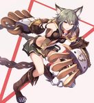  :3 animal_ears bangs breasts claw_(weapon) claws collar erune eruthika gloves granblue_fantasy hair_between_eyes long_hair looking_at_viewer medium_breasts red_eyes sen_(granblue_fantasy) silver_hair simple_background skirt smile solo weapon 