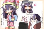  :&gt; ^_^ akatsuki_(kantai_collection) alternate_costume anchor_symbol closed_eyes closed_mouth commentary eating flat_cap food food_on_face fork hat holding holding_pillow jako_(jakoo21) kantai_collection long_hair long_sleeves neckerchief pajamas pillow purple_hair school_uniform serafuku slippers solo spoon tears translated trembling watching_television wavy_mouth 