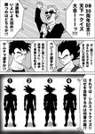  absurdres announcer_(dragon_ball) comic dragon_ball dragon_ball_z facial_hair formal greyscale highres kamui_(krkrkmi) male_focus microphone monochrome multiple_boys muscle mustache necktie open_mouth scar scar_across_eye silhouette smile suit sunglasses translation_request vegeta yamcha 