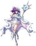  1girl armor blue_ribbon boots breasts capelet cleavage cloak closed_mouth crystal crystal_hair_ornament dress floating_cape floating_hair fold-over_boots frilled_dress frills full_body fur-trimmed_cloak fur_hat fur_trim game_cg gem gem-studded gold_trim hair_between_eyes hair_ornament hand_in_own_hair hat high_heel_boots high_heels highres holding holding_staff knee_boots lace lambda_(langrisser) langrisser langrisser_mobile langrisser_v large_breasts leg_up light_smile looking_at_viewer mage_staff medium_hair official_art pom_pom_(clothes) purple_gemstone purple_hair purple_ribbon ribbon sash short_dress shoulder_armor single_thighhigh sleeveless sleeveless_dress solo sparkle_print staff standing standing_on_one_leg tachi-e thighhighs thighs third-party_source transparent_background two-tone_cloak white_boots white_capelet white_cloak white_dress white_hat white_sash white_thighhighs white_wrist_cuffs wrist_cuffs yellow_eyes 