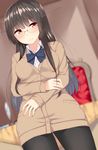  absurdres alternate_costume black_hair blurry blurry_background blush bow bowtie cardigan choukai_(kantai_collection) commentary_request dutch_angle glasses highres kantai_collection long_hair long_sleeves nebusoku pantyhose red_eyes smile solo 