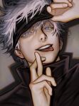  1boy absurdres black_jacket blindfold blindfold_lift bright_pupils eyelashes gojou_satoru high_collar highres jacket jujutsu_kaisen kangcono male_focus messy_hair mudra portrait shadow solo teeth tongue tongue_out upper_teeth_only white_hair white_pupils 