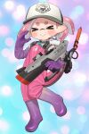  >_< 1girl absurdres baseball_cap black_hat boots closed_eyes closed_mouth commission elbow_gloves full_body gloves hat highres holding holding_weapon inkling inkling_girl inkling_player_character jumpsuit knee_boots lifebuoy parted_bangs pink_hair pink_jumpsuit pointy_ears ponytail puchiman purple_boots purple_gloves rubber_boots rubber_gloves s-blast_(splatoon) salmon_run_(splatoon) second-party_source shirt short_hair skeb_commission smile solo splatoon_(series) splatoon_3 standing swim_ring tentacle_hair two-tone_hat weapon white_hat white_shirt 