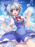  1girl :d bloomers blue_bow blue_dress blue_eyes blue_hair blush bow breasts cirno clenched_hands cowboy_shot dress hair_bow hakusai_ponzu ice ice_wings neck_ribbon open_mouth puffy_short_sleeves puffy_sleeves red_ribbon ribbon short_hair short_sleeves small_breasts smile solo teeth touhou underwear v-shaped_eyebrows wings 