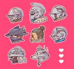  2boys 5others 621_(armored_core_vi) armor armored_core armored_core_vi:_fires_of_rubicon ashen_one_(dark_souls) bandages bearer_of_the_curse black_hair black_hat bloodborne bloody_wolf_(elden_ring) brown_hair chainmail chinese_commentary chosen_undead commentary_request company_connection dark_souls_(series) dark_souls_i dark_souls_ii dark_souls_iii demon's_souls dog elden_ring fromsoftware hat heart helm helmet hunter_(bloodborne) kanon_(rsl) masked multiple_boys multiple_others pink_background portrait scar scar_across_eye scar_on_face sekiro sekiro:_shadows_die_twice short_hair simple_background slayer_of_demons tarnished_(elden_ring) 
