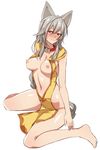  animal_ears barefoot blush breasts breasts_outside brll china_dress chinese_clothes dress embarrassed erune full_body granblue_fantasy hair_between_eyes highres large_breasts long_hair looking_at_viewer midriff navel nipples no_panties red_eyes sen_(granblue_fantasy) silver_hair simple_background sitting sketch solo tears wariza white_background 