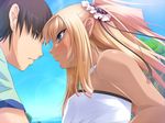  1boy 1girl blonde_hair breasts dark_skin futaba_lili_ramses game_cg hair_ornament hetero lilith-soft long_hair short_hair sky small_breasts tentacle_and_witches twintails 