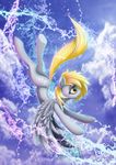  2014 blonde_hair cutie_mark day derpy_hooves_(mlp) equine eyelashes feathered_wings feathers female feral flying friendship_is_magic fur grey_feathers grey_fur hair mammal my_little_pony outside pegasus shaadorian sky solo spread_wings water wings yellow_eyes 