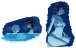  1boy 1girl absurdres bikini black_hair breasts chainsaw_man denji_(chainsaw_man) grey_hair hair_between_eyes hair_bun highres medium_breasts navel night open_mouth outdoors partially_submerged pool reze_(chainsaw_man) short_hair soup_(soupysoull) swimsuit teeth upper_teeth_only white_bikini 
