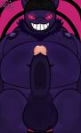 absurd_res anthro areola balls belly big_balls big_belly big_muscles big_pecs big_penis chocbirb clothed clothing erection evil_grin front_view fur game_freak generation_1_pokemon gengar genitals glans glowing glowing_eyes hi_res huge_belly huge_pecs humanoid_genitalia humanoid_penis kemono looking_at_viewer love_handles male menacing_aura moobs mordecai_the_gengar muscular navel neck_tuft nintendo nipples nude obese obese_anthro obese_male overweight overweight_anthro overweight_male pattern_background pecs penis pink_eyes pokemon pokemon_(species) presenting presenting_penis purple_body purple_fur simple_background smile smiling_at_viewer solo solo_focus standing teeth topless topless_male tuft