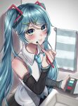  1girl applying_makeup applying_own_makeup aqua_eyes aqua_hair aqua_nails aqua_necktie black_skirt blush closed_mouth collared_shirt detached_sleeves food-themed_hair_ornament hair_between_eyes hair_ornament hatsune_miku hatsune_miku_(vocaloid4) highres hitsuk00 holding long_hair long_sleeves looking_at_viewer makeup makeup_brush mascara miku_day necktie pleated_skirt shirt skirt sleeveless sleeveless_shirt solo spring_onion towel twintails v4x very_long_hair vocaloid white_shirt 