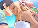  1boy 1girl blonde_hair breasts dark_skin futaba_lili_ramses game_cg hair_ornament hetero kiss lilith-soft long_hair short_hair sky small_breasts tentacle_and_witches twintails 