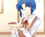  apron blue_eyes blue_hair blush ciel curry curry_rice dish food glasses holding holding_plate kagetsu_tooya long_sleeves looking_to_the_side neck_ribbon open_mouth plate red_ribbon ribbon rice sabujiroko school_uniform shirt short_hair sidelocks solo tsukihime upper_body vest white_shirt yellow_vest 
